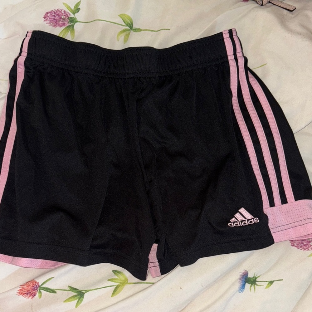 Adidas Black and Pink Athletic Shorts with Signature Stripes